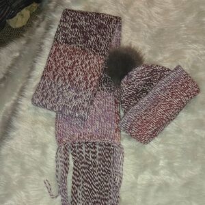 Elegant Knit Scarf and Beanie Set in Red and Purple